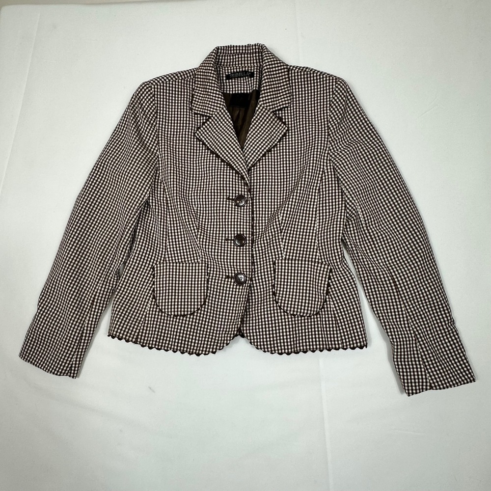 Tribella Womens‎ Brown Gingham Check Blazer Scalloped Trim Button Front Jacket 6